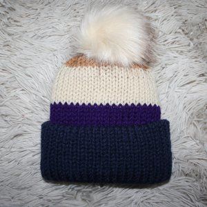 💜 TAN + PURPLE FUR POM BEANIE · 6–12 MO 💜